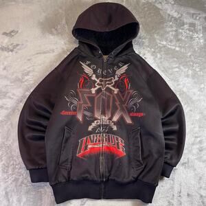 Y2K FOX Racing Zip Up Hoodie Mens Black Sherpa Lined Moto Streetwear Jacket